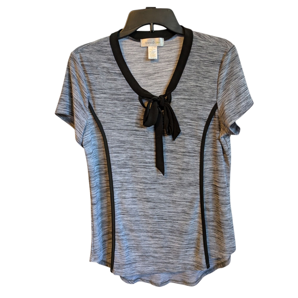 Gray and Black Fitted Tie Front Shirt Top Sz. L